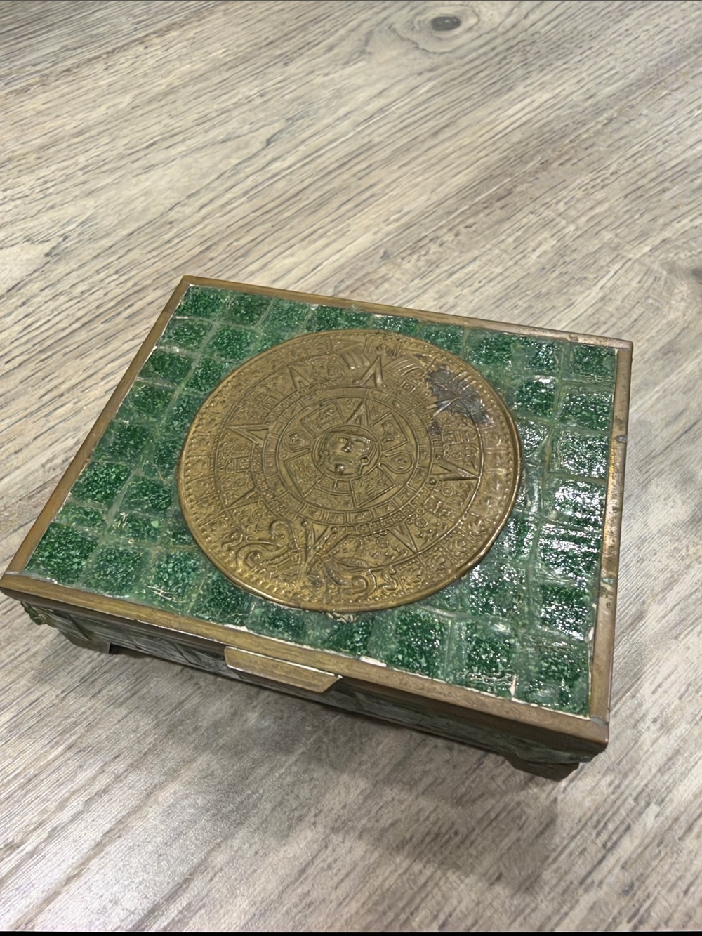Decorative Vintage Green Mosaic Brass Accent Box with Aztec Medallion